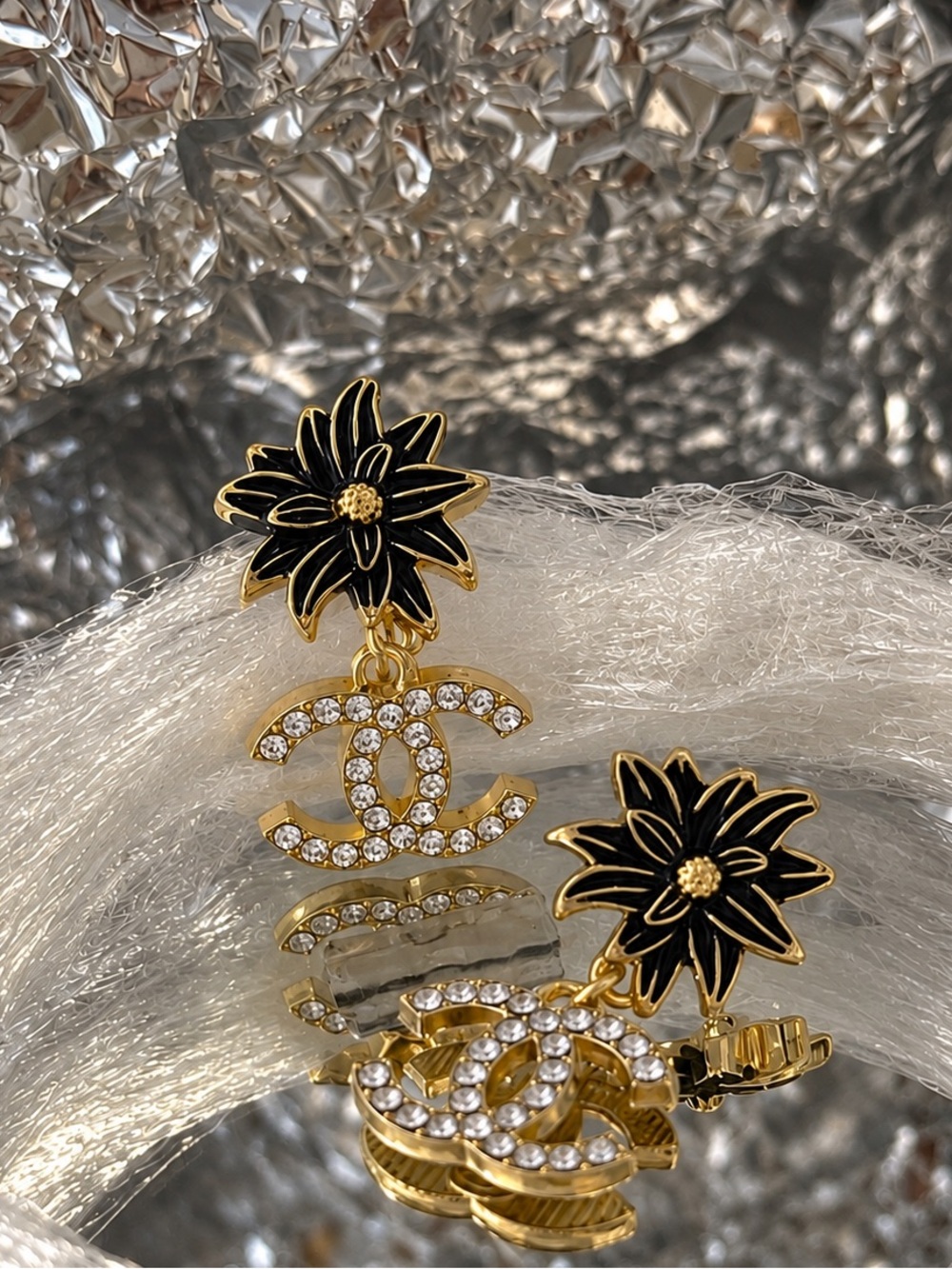 Black Floral Crystal CC Style Drop Earrings Gold Tone Statement Dangle